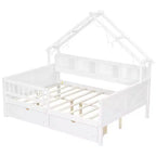Struttura letto a casetta a grandezza naturale con cassetti, letto a piattaforma a casetta con luci LED, mensole e cassetti portaoggetti, divano letto in legno con tetto e sponda