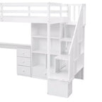 Letto a soppalco singolo con scrivania a L, 3 cassetti, armadio, contenitore per scale, struttura in pino massiccio/MDF