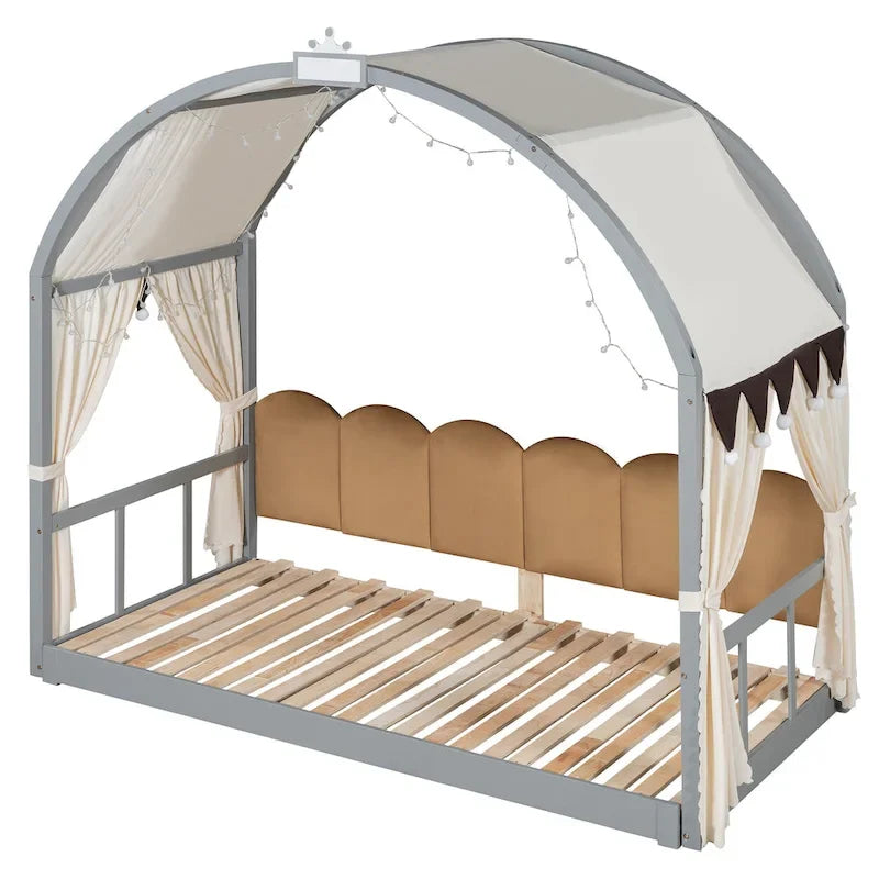 Letto a piattaforma in legno massiccio a forma di casetta, letto Montessori a terra con tetto ad arco e letto estraibile per bambine e bambini