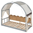Letto a piattaforma in legno massiccio a forma di casetta, letto Montessori a terra con tetto ad arco e letto estraibile per bambine e bambini