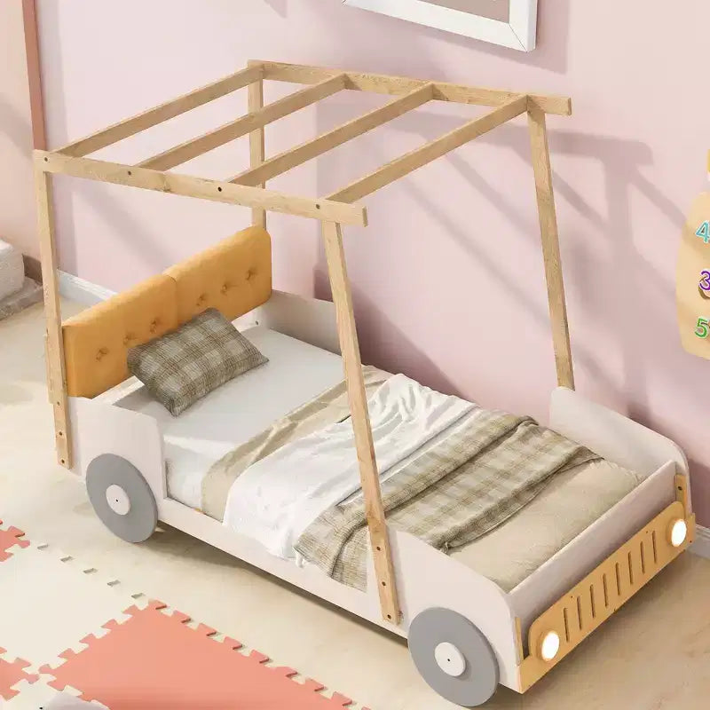 Letto a forma di Auto Whisen in Legno con Cuscino, Baldacchino in Tessuto e LED - Naturale