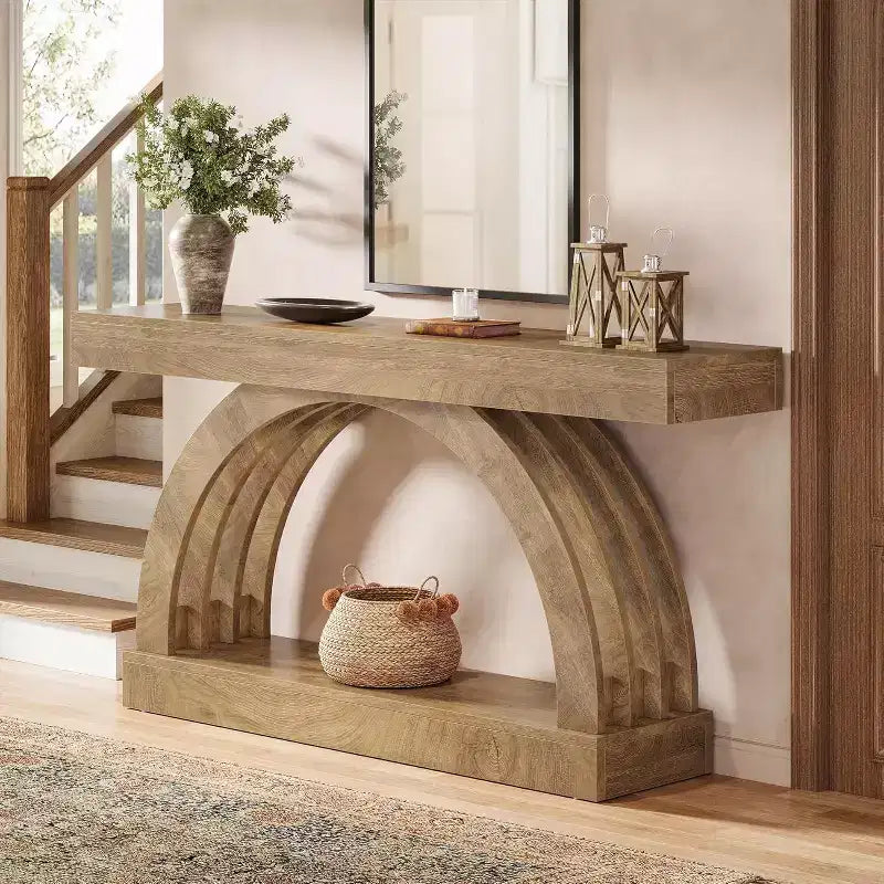 Consolle da ingresso Lantine da 63 pollici, tavolino a 2 ripiani dietro il divano, consolle ad arco stretta unica in stile rustico per corridoio, soggiorno, atrio, naturale