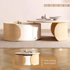 Tavolino moderno rotondo, piano in pietra, legno naturale - 50 x 31.5