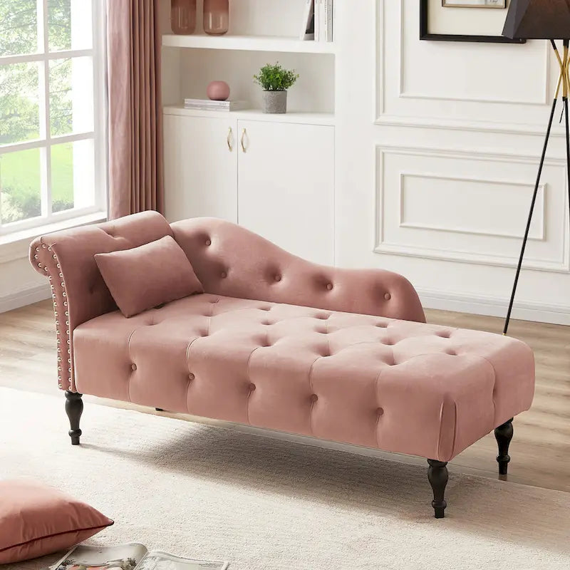 Moderna poltrona a sdraio imbottita in velluto da 60,6" con bottoni capitonné, gambe in legno massello e borchie