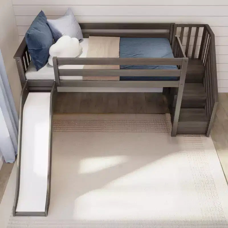Letto a soppalco basso per bambini con scivolo e scale, in legno massiccio, 14 sponde protettive, capacità 180 kg