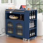 Isola da Cucina con Ruote e 2 Ante in Vetro, Carrello da Cucina con Tavolo Estensibile e Prese di Corrente, Isola da Cucina con Ripiani Laterali Aperti