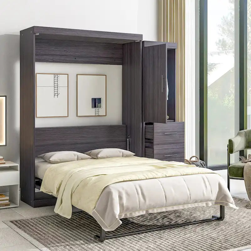 Letto Murphy pieghevole grigio con armadio e 3 cassetti, matrimoniale/singolo, 1 persona