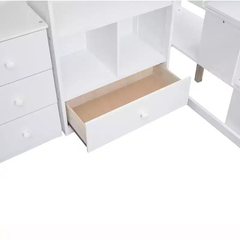 Letto a soppalco singolo con scrivania a L, 3 cassetti, armadio, contenitore per scale, struttura in pino massiccio/MDF