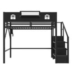 Letto a soppalco ModernLuxe matrimoniale/queen size con scale e armadio integrato, struttura letto in metallo con luci a LED, stazione di ricarica USB e ripiani portaoggetti
