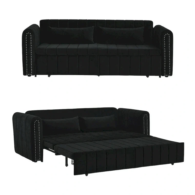 Divano letto moderno convertibile imbottito in velluto con braccioli arrotolati decorati con borchie in rame