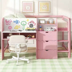 Letto a soppalco basso rosa/bianco con scrivania, contenitore e lavagna bianca – Singolo, 1 persona