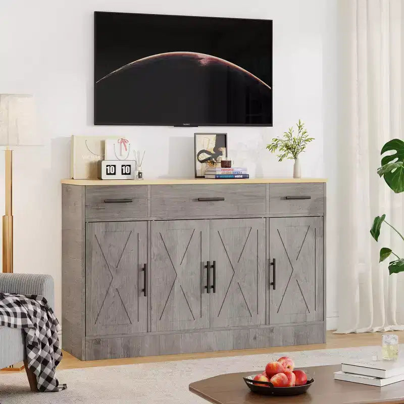 Mobile Buffet Celebalcony con Contenitore, Grande Mobile Contenitore da Cucina da 53,4 pollici con 3 Cassetti e 4 Ante, Ripiano Regolabile per Cucina, Soggiorno