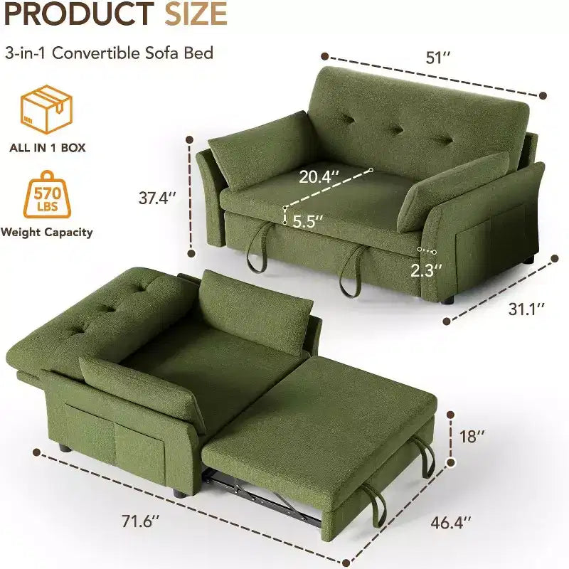 Dyonery Divano Letto Convertibile 3-in-1, Divano Letto Estraibile con Tasca Laterale e Schienale Regolabile, Montaggio Senza Attrezzi, Divanetto Pieghevole
