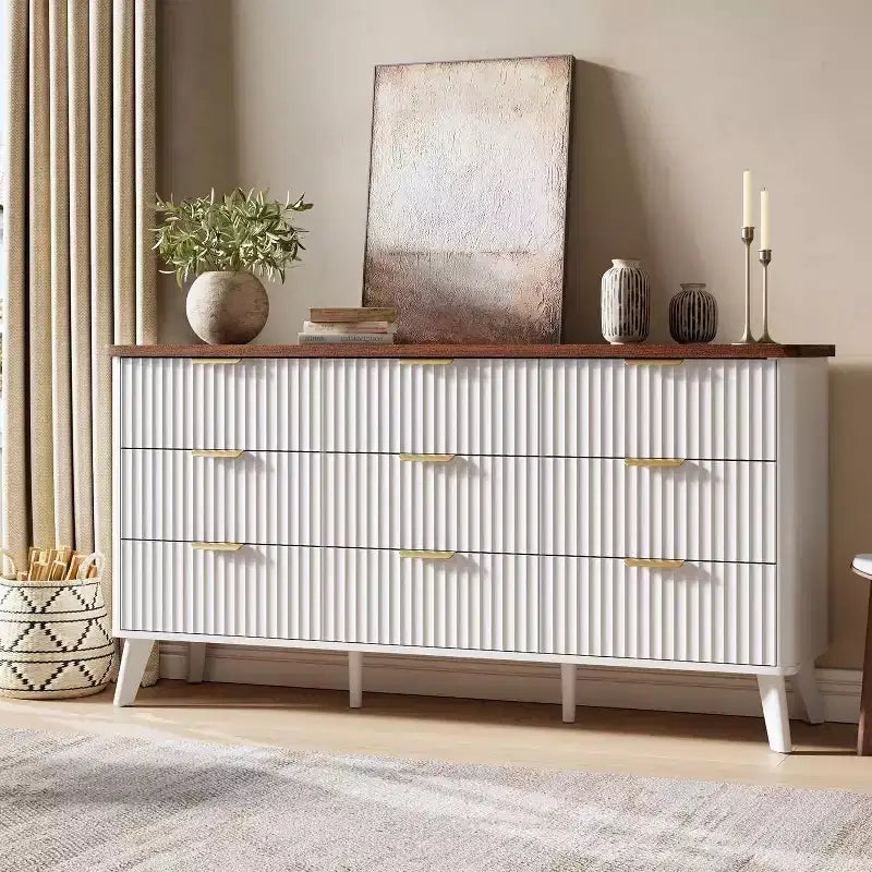 Commode cannelée à 9 tiroirs, commode moderne, meuble TV en bois, design à profil incurvé, pour salon, couloir