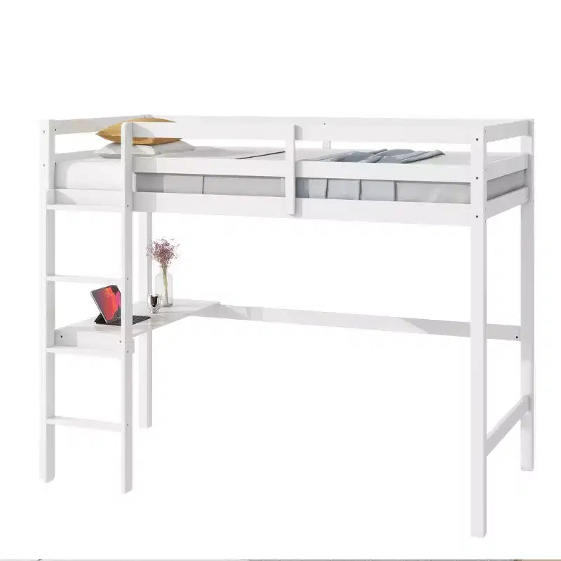 Letto a soppalco Okak Minimalism con scaletta, letto a soppalco singolo in legno di gomma con spondina di sicurezza e scrivania integrata, telai per letti per bambini, ragazzi