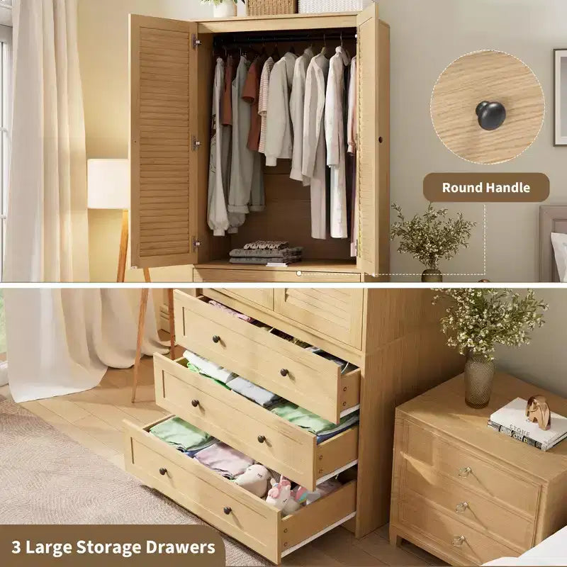 COZONY Armadio Guardaroba con 3 Cassetti e 2 Ante, Armadio Moderno in Legno per Camera da Letto, Armadio Alto Bianco Resistente