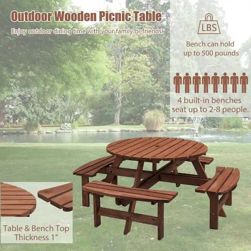 Set da pranzo rotondo da picnic per 8 persone in legno di abete da esterno con 4 panche integrate e foro per ombrellone