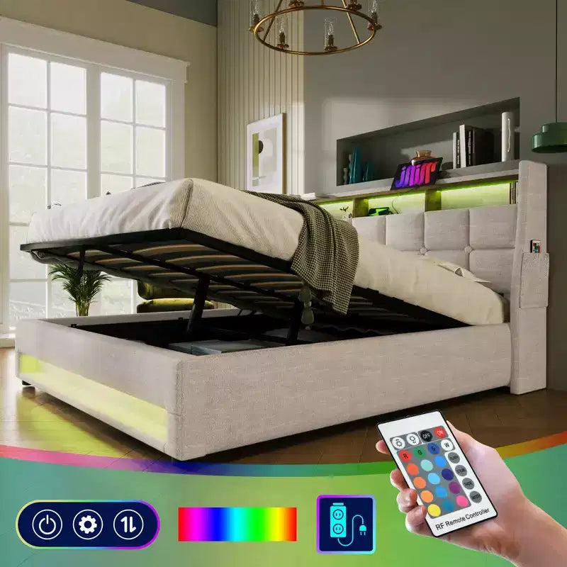 Letto Queen Size con Contenitore Idraulico, LED, USB, Testiera Imbottita, Nessuna Rete a Molle, Facile Montaggio