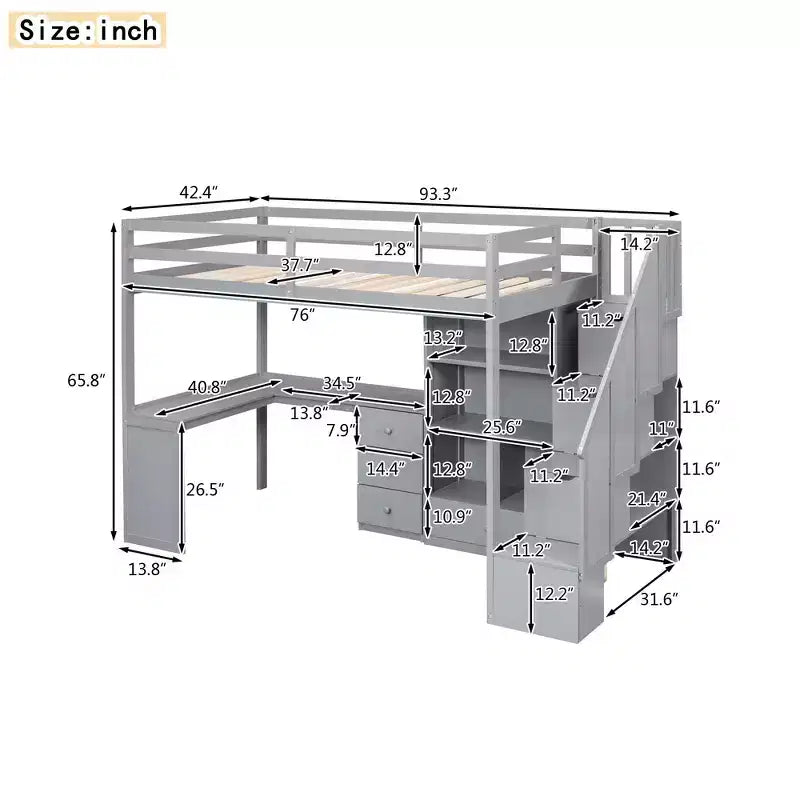 Letto a soppalco singolo con scrivania a L, 3 cassetti, armadio, contenitore per scale, struttura in pino massiccio/MDF
