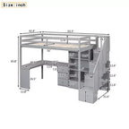 Letto a soppalco singolo con scrivania a L, 3 cassetti, armadio, contenitore per scale, struttura in pino massiccio/MDF