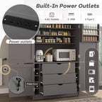 Dispensa Alta da Cucina con Prese di Corrente, Grande Credenza Autoportante con Supporto per Microonde, Cassetti, Scaffali, Portabottiglie e Ante con Ripiani
