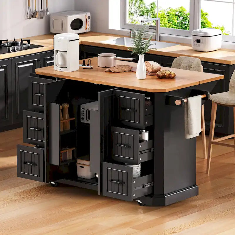 Isola Cucina Espandibile con Ante a Scomparsa, Carrello Cucina su 4 Ruote con Presa Elettrica, Tavolo Isola Mobile con 2 Ante e 6 Cassetti