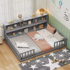 Letto a terra Montessori per materasso singolo/una piazza e mezza con libreria, ripiani e sponde di sicurezza bianco/grigio