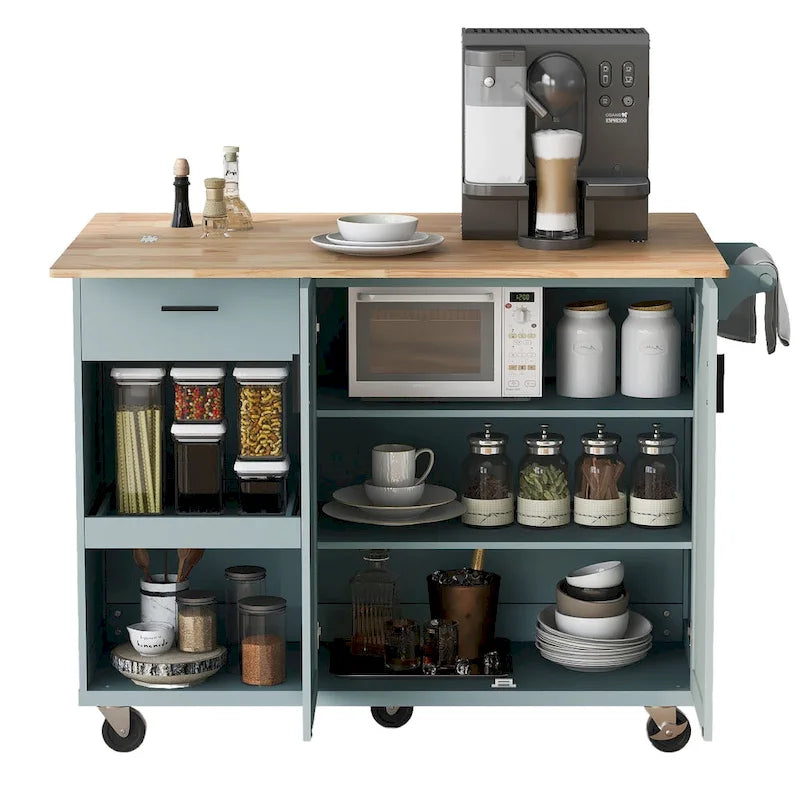 Isola da cucina con piano pieghevole, carrello da cucina con ripiano estraibile, portasciugamani e cassetto, ruote girevoli