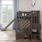 Letto a soppalco basso per bambini con scivolo e scale, in legno massiccio, 14 sponde protettive, capacità 180 kg