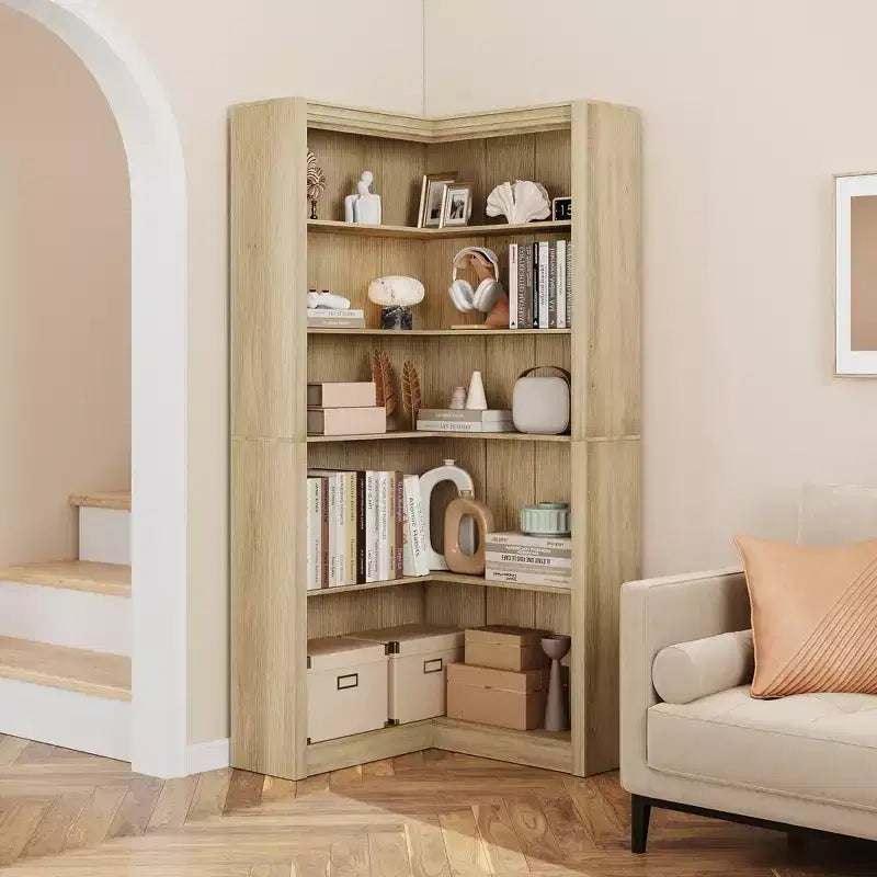 Libreria angolare a 5 ripiani a forma di L, in stile retrò, Bianco/Nero/Legno, singola