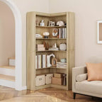 Libreria angolare a 5 ripiani a forma di L, in stile retrò, Bianco/Nero/Legno, singola