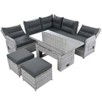 Set da esterni in rattan con tavolo regolabile, poltrone reclinabili e 2 pouf