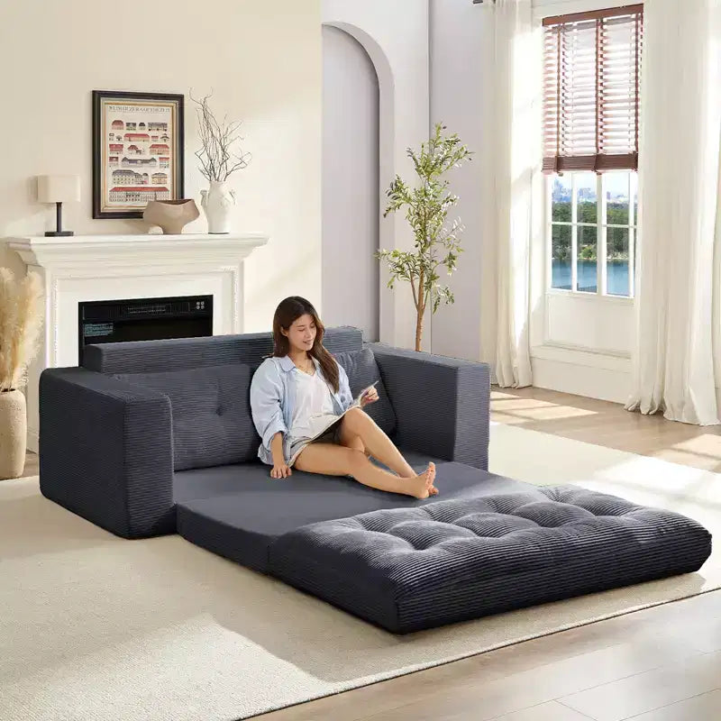 Mjkone Divano letto futon convertibile 2 in 1 da 180 cm, in tessuto a coste, pieghevole, con bottoni trapuntati, divanetto salvaspazio