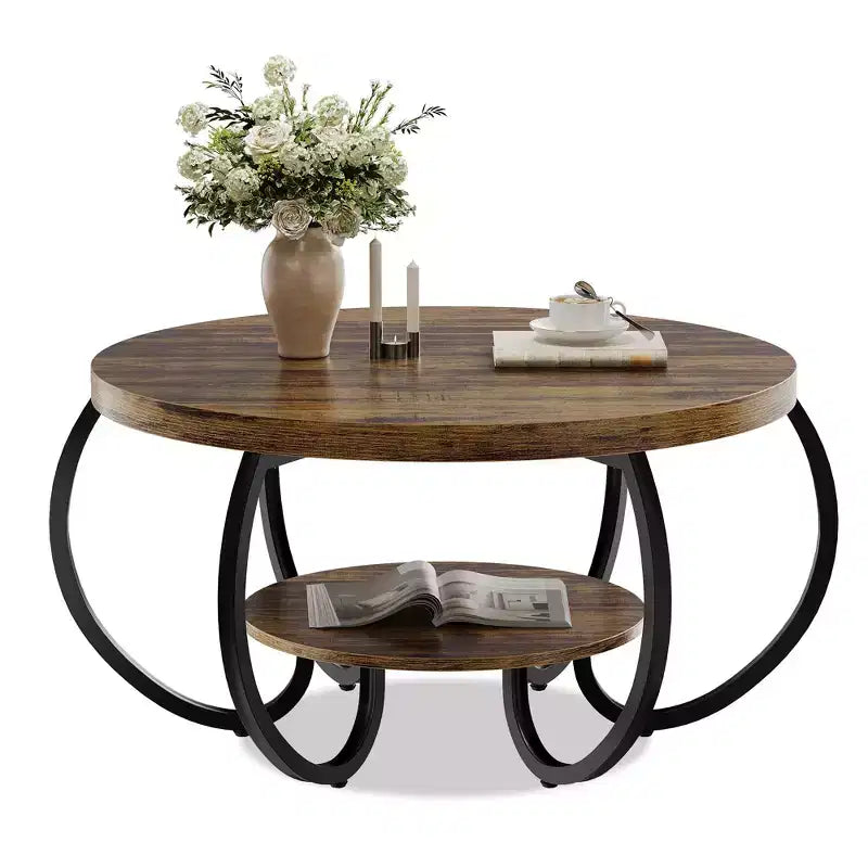 Tavolino Industriale Rotondo da 30 Pollici a 2 Livelli con Piedini Regolabili Ripiano Effetto Legno Design Fiamma Facile da Montare Soggiorno