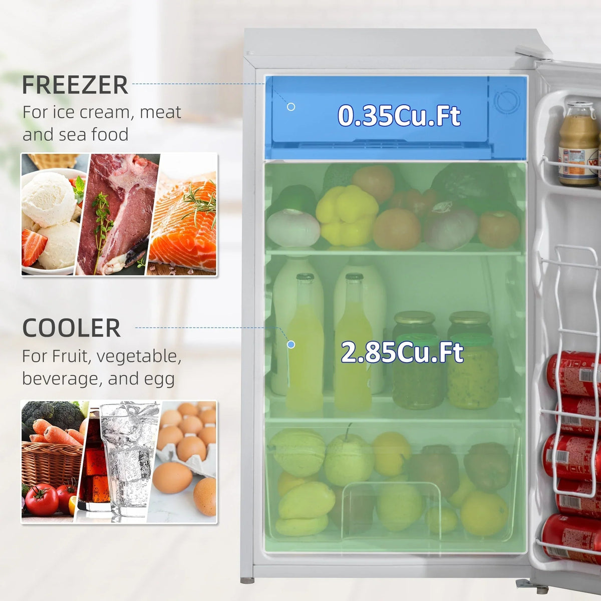 HOMCOM Mini Frigorifero con Congelatore da 90 Litri, Frigo Compatto a Porta Singola con Termostato Regolabile per Camera da Letto
