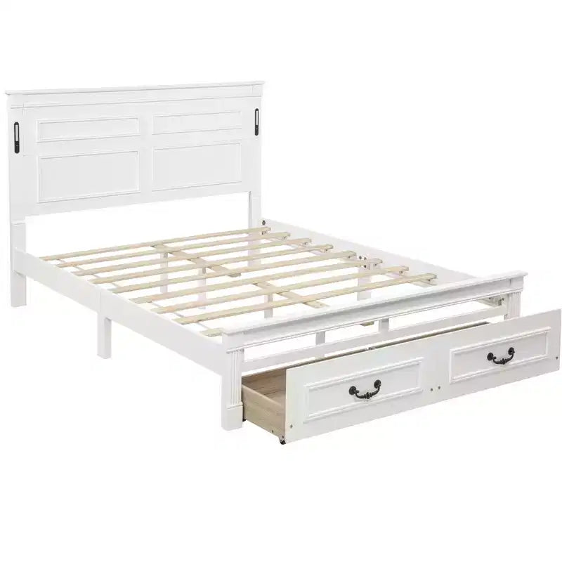 ModernLuxe Letto a Piattaforma Queen/King Size con Testiera Alta, Struttura Letto Rustica in Legno con 2 Cassetti, Luci LED e Porte USB