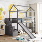 Letto a soppalco a castello con scivolo e scale, letto a soppalco con cassetti contenitori, letto a soppalco in legno a capanna per bambini e neonati