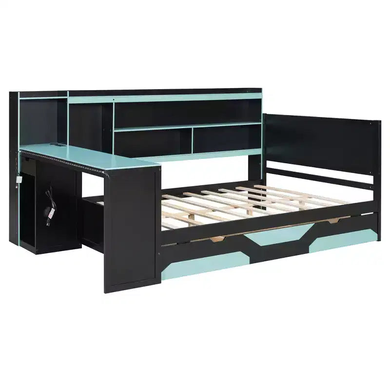 Letto a Giorno Gamer Hub con Scrivania, Luci RGB, Stazione di Ricarica, Cassetti e Testiera Libreria