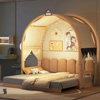 Letto a piattaforma in legno massiccio a forma di casetta, letto Montessori a terra con tetto ad arco e letto estraibile per bambine e bambini