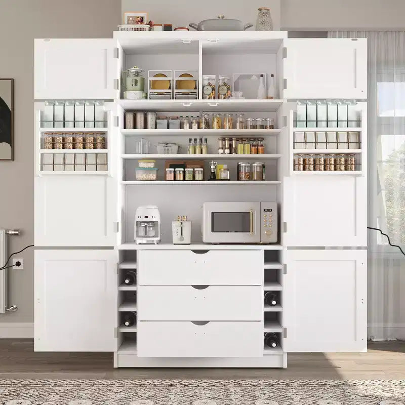 Dispensa Alta da Cucina con Prese di Corrente, Grande Credenza Autoportante con Supporto per Microonde, Cassetti, Scaffali, Portabottiglie e Ante con Ripiani