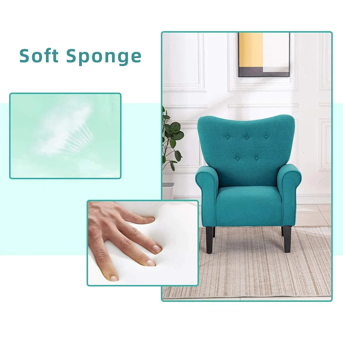 Poltrona moderna Erommy, Poltrona con schienale alto, Poltrona singola in tessuto imbottita con bottoni e gambe in legno per soggiorno