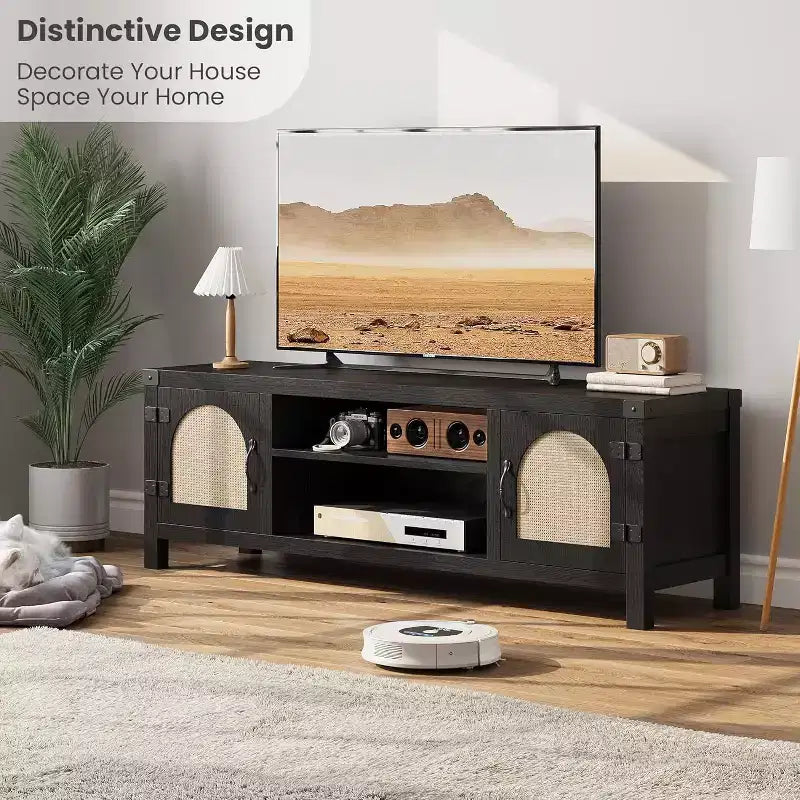 Mobile porta TV da 65 pollici in stile bohémien con anta in vimini - Mobile da salotto in legno con due armadietti e ripiani regolabili, adatto per soggiorni