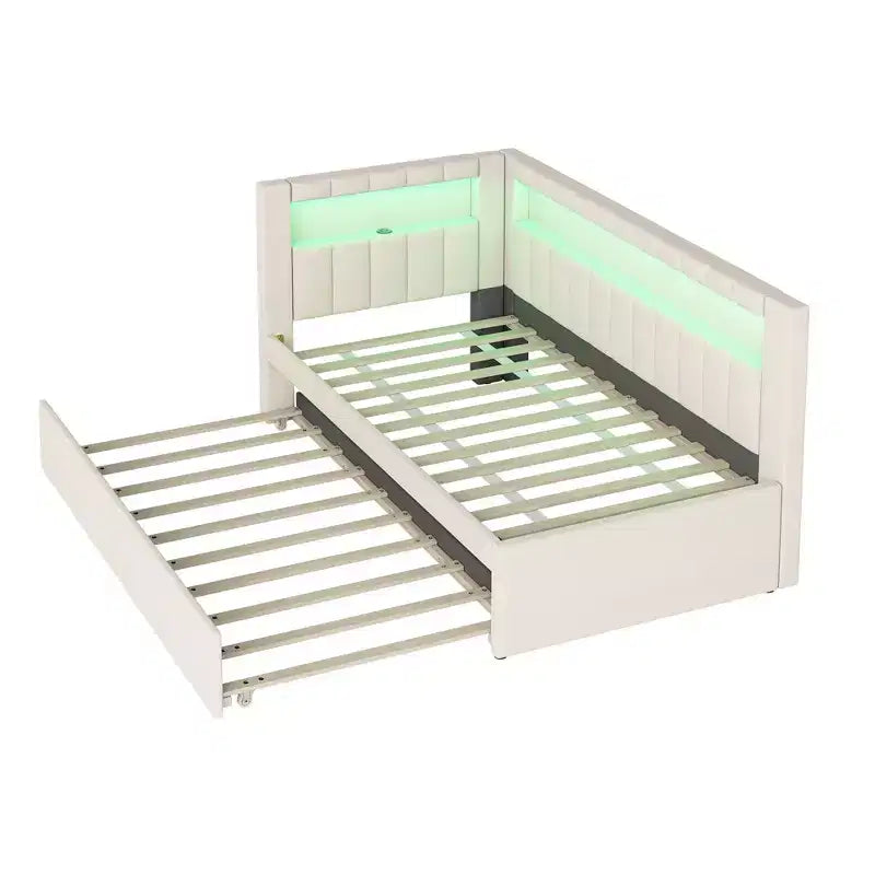 Letto da Giorno Twin/Full con Letto Estraibile e Testiera a Libreria a L, Letto Angolare Imbottito in Lino con Ripiani Portaoggetti e Cinghia a LED