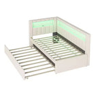 Letto da Giorno Twin/Full con Letto Estraibile e Testiera a Libreria a L, Letto Angolare Imbottito in Lino con Ripiani Portaoggetti e Cinghia a LED