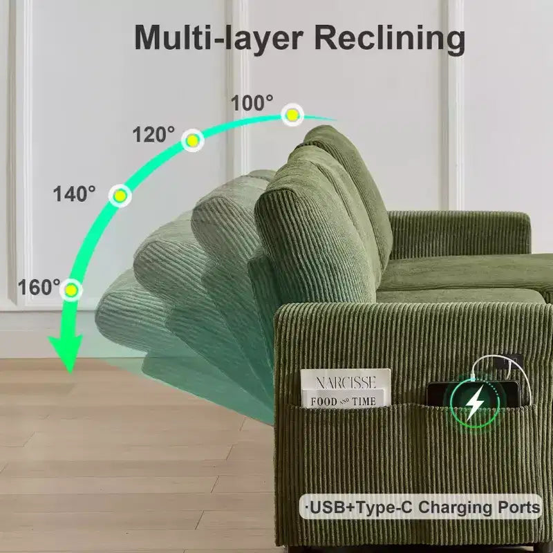 Divano Letto Estraibile 2 in 1 Dyonery con Chaise Longue Contenitore e USB, Divano Angolare in Velluto a Coste per Soggiorno