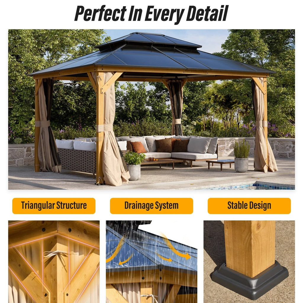 EROMMY Gazebo a tetto rigido, Pergola da esterno con doppio tetto, zanzariere e tende, Tenda da sole resistente per patio, cortile, feste in piscina