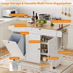 Tavolo da cucina mobile con isola da 55" con presa di corrente e anta a ribalta, carrello da cucina con isola su ruote e armadietto per pattumiera per la cucina