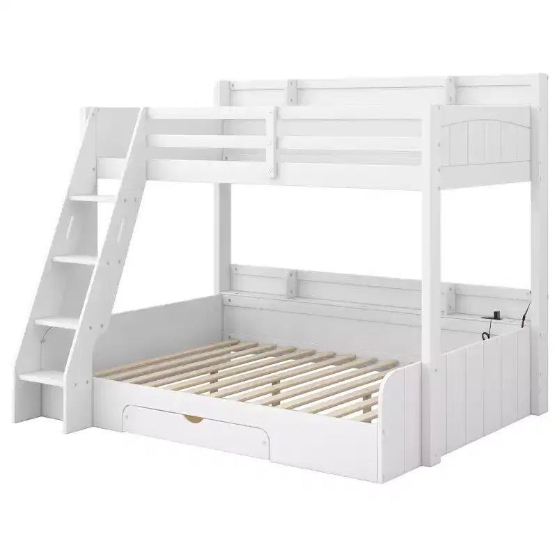 Letto a Castello con Letto Matrimoniale a Una Piazza e Mezza, con Contenitore, Luci a LED e Stazione di Ricarica, Letto a Castello in Legno con Scaffali Laterali per Bambini e Ragazzi