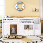 Letto a soppalco basso in legno massiccio, piazza e mezza, 94.6L x 42.3W, con scala, cassetto e mensola, design moderno e pulito