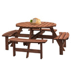 Set da pranzo rotondo da picnic per 8 persone in legno di abete da esterno con 4 panche integrate e foro per ombrellone